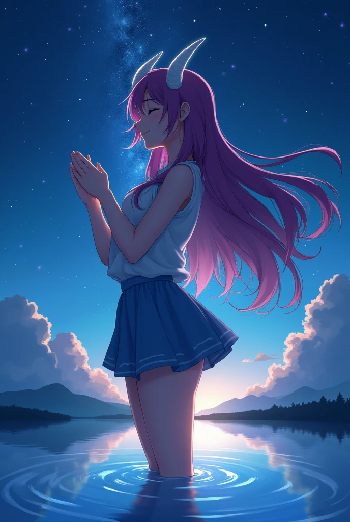 Ganyudev, Upper Body, Standing in water, night, Starry Sky, shooting star, Beautiful sky, (One girl), smile, close your eyes, pray, Beautiful anime artwork on the horns, Super sharp, masterpiece, High resolution, 8k, Thick thighs