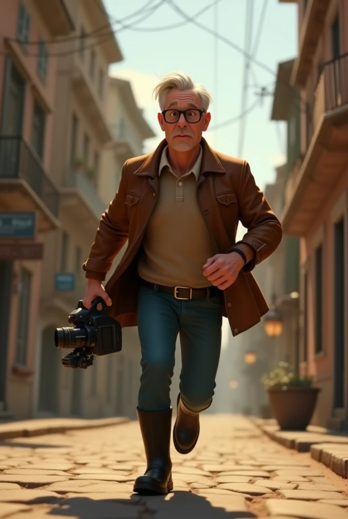 I want a journalist with a vintage camera in his hand running around an old town . The man is in his 60s. The character&#39;s time period is the 1980s. The character is a 3D animation in the style of Pixar and Disney.. movie poster, running away from something with facial expression. Only in pixar style. He is wearing black boots. And vintage jacket.