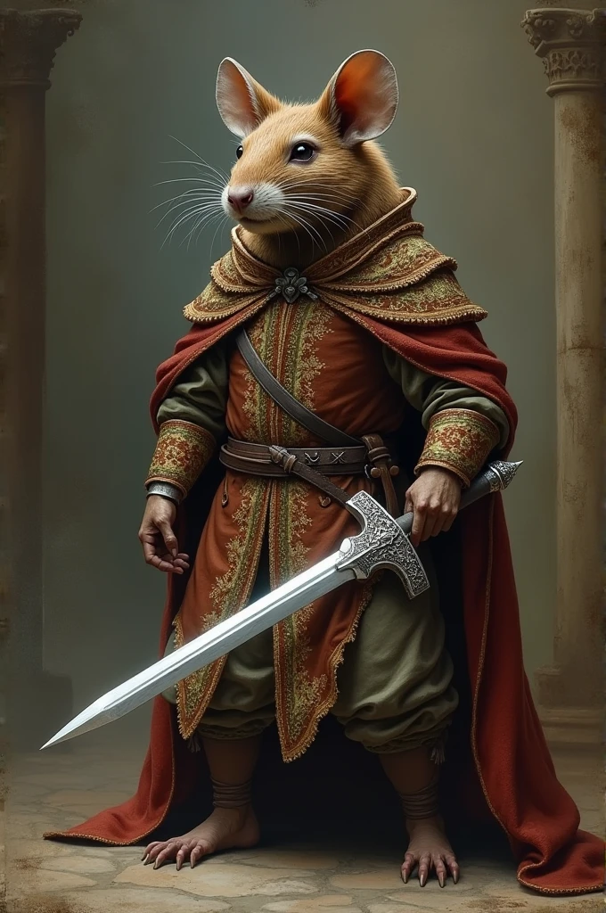 A rat man, brown fur with white spots, black eyes, dressed in noble clothing from the Middle Ages, holding a two-handed sword, silver handle, in the position of an ancient art painting 