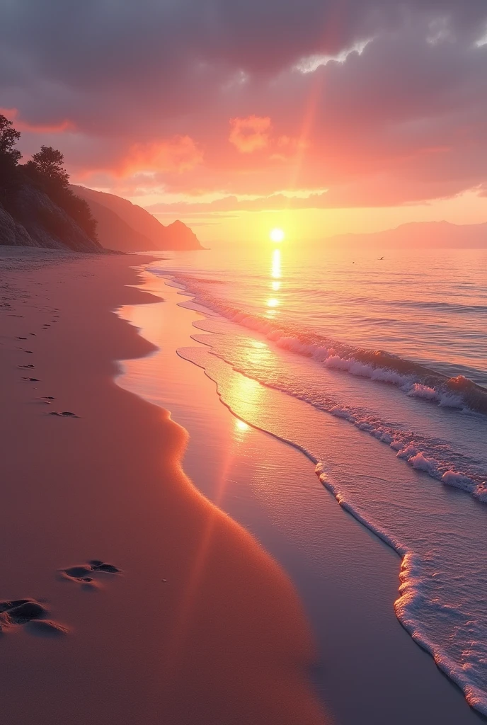 Create an image of the beach with the sea in the evening with very warm colors