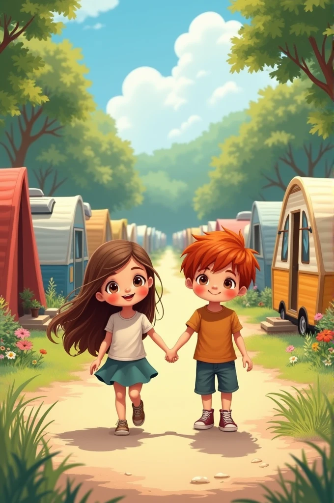 A girl with brown hair and a red-haired boy holding hands walking through a neighborhood of campers 