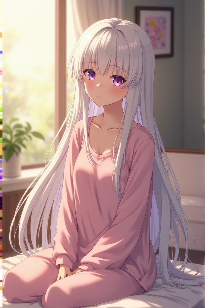 1girl, youthful, long_hair, ((smooth texture hair)) ((hazel eyes)), ((long white_hair)), ((purple eyes)), morning view, full_body, indoors, lips ((swept bangs)), ((sitting)), ((wearing pajamas)), very detailed and high resolution