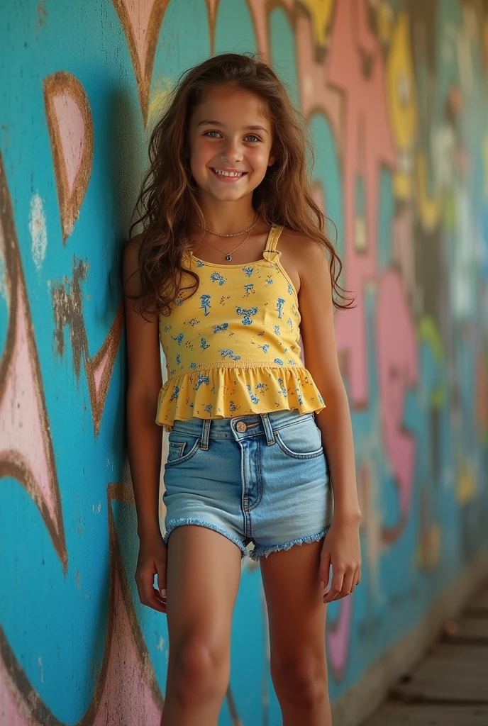 A girl of about .(baby face、slim figure、He looks like he's 12 years old tights(ten)、Top Model(flat chest)、Strike a pose for a photo、Pose genial、Graffiti art background、provocative、fresco、Golf club、adult、mini skirt,4k 、low length