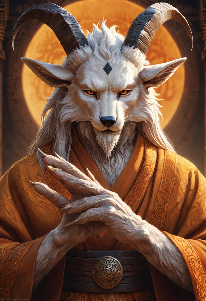 Anthropomorphic masculine kitsune-satyr monk. Old, wrinkled ancient, wise face. long detailed fingers. Official Art – An Award-Winning Digital Masterpiece In 4K Ultra HD, Extreme Detail And Intricate Realism. Symmetrical Face. This Concept Art Brought To Life By The Hands Of Artists Like Wlop & Artgerm In A Stunning 2D Vector Illustration.  Background Is A Panoramic Vista.
