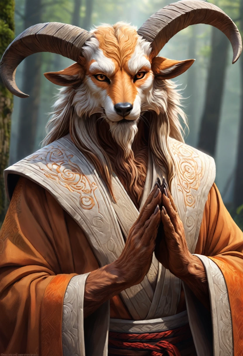 Anthropomorphic masculine kitsune-satyr monk. Old, wrinkled ancient, wise face. long detailed fingers. Official Art – An Award-Winning Digital Masterpiece In 4K Ultra HD, Extreme Detail And Intricate Realism. Symmetrical Face. This Concept Art Brought To Life By The Hands Of Artists Like Wlop & Artgerm In A Stunning 2D Vector Illustration.  Background Is A Panoramic Vista.
