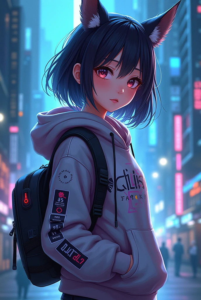 A tech focused anime girl  in hoodie 