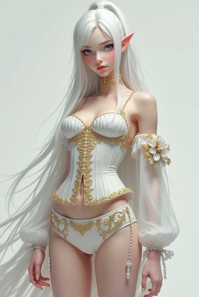 A masculine boy, long white hair tied in a high ponytail, Pale skin with innocent blue eyes, a white corset with gold embroidery and short shorts, a thigh-high garter and a long veil with flowers