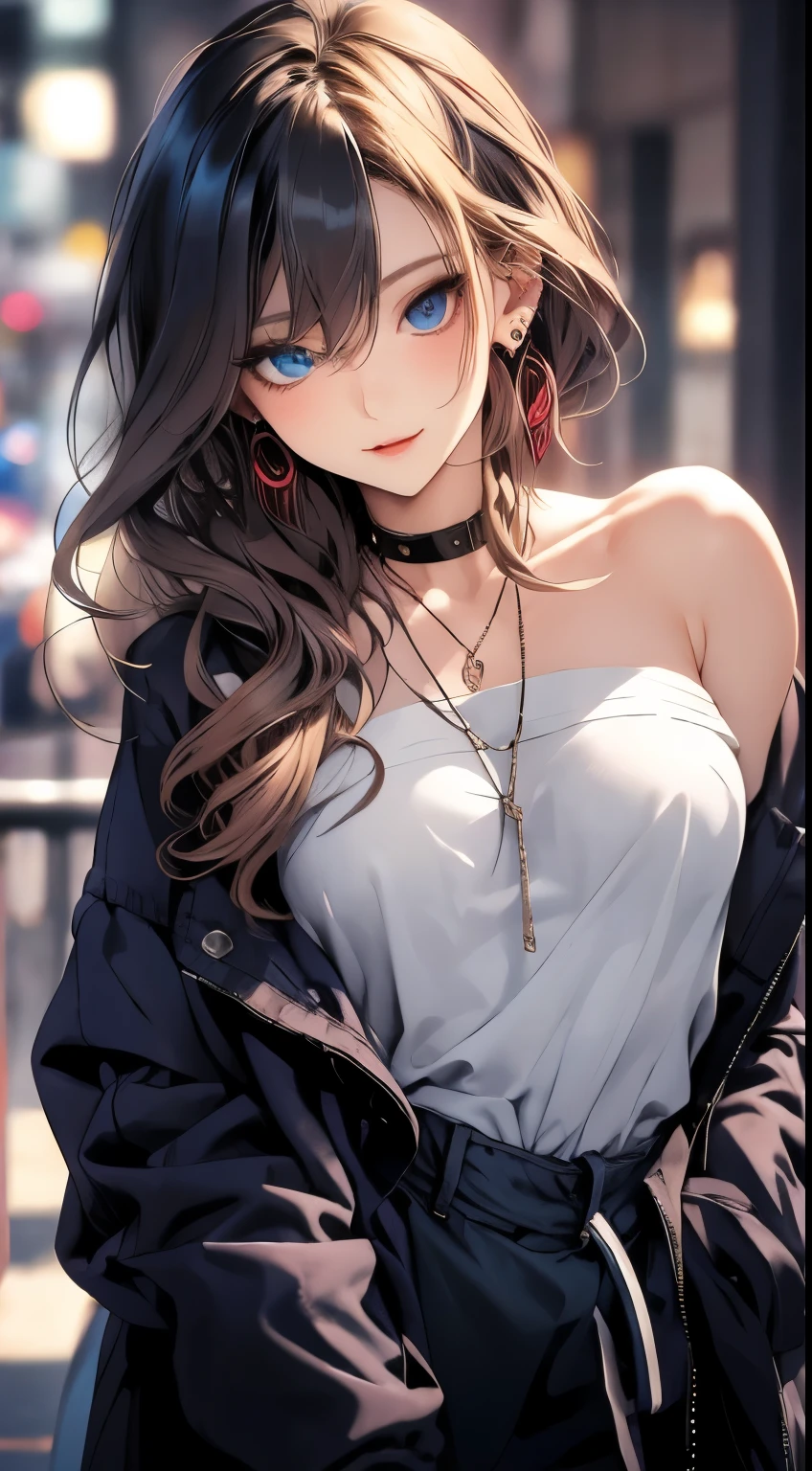 masterpiece, best quality, pixiv, cool girl, many piercings, ear rings, light blonde hair color, Curly hairs, Nice blue eyes、blunt bangs, straight bangs, gray eyes, pale skin, Gallon, ImproveView the viewer, Background blur, smile, open mouth, Make-up,