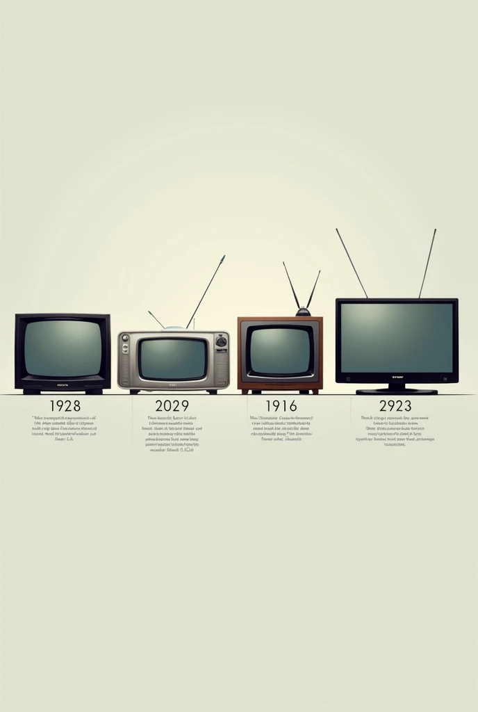"Create an image that illustrates the evolution of televisions from the 1920s to the present day. The image should feature a series of televisions, each representing a different era. Start with the mechanical TV from 1927, then move to an early 1940s black-and-white CRT TV, followed by a 1950s color TV, a 1970s wood-paneled console TV, an 1980s portable TV, a 1990s flat-screen TV, a 2000s LCD TV, and finally, a modern 2020s ultra-thin 4K smart TV. Include the year of creation next to each television model in a clean, readable font. The background should be neutral, allowing the focus to remain on the televisions."