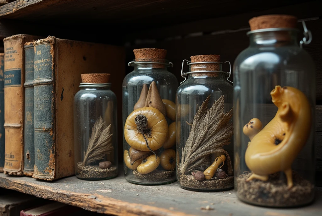 Close-up of a dusty shelf, filled with old books and jars containing various preserved animal parts.