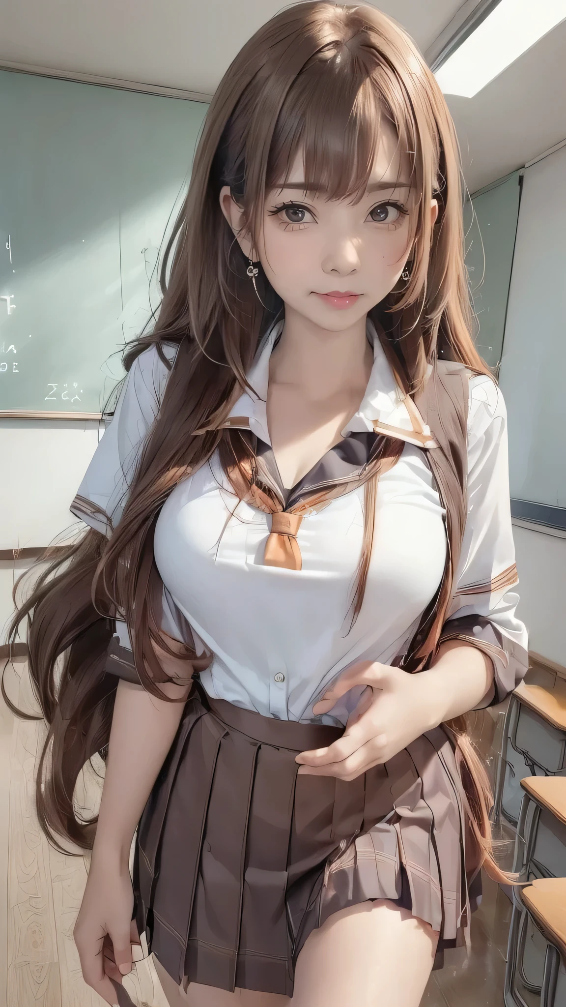 ((looking at viewer:1.5)),((1girl:1.5),curvy,,beautiful breasts,large breasts,pale skin,(erect nipples)),((long hair),(thin hair:1.8),(straight hair:1.5),(Swept bangs:1.5),(extra light coppery amber hair:1.5),(hair over one eye:1.2)),((realistic),8k,ultra HD,high resolution,best quality,masterpiece,(Sense of presence:1.5),(Dynamic:1.5),(bold:1.5)),((clothed:1.5),(school uniform:1.5))