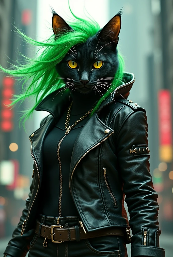 Cat hero with black jacket and green hair