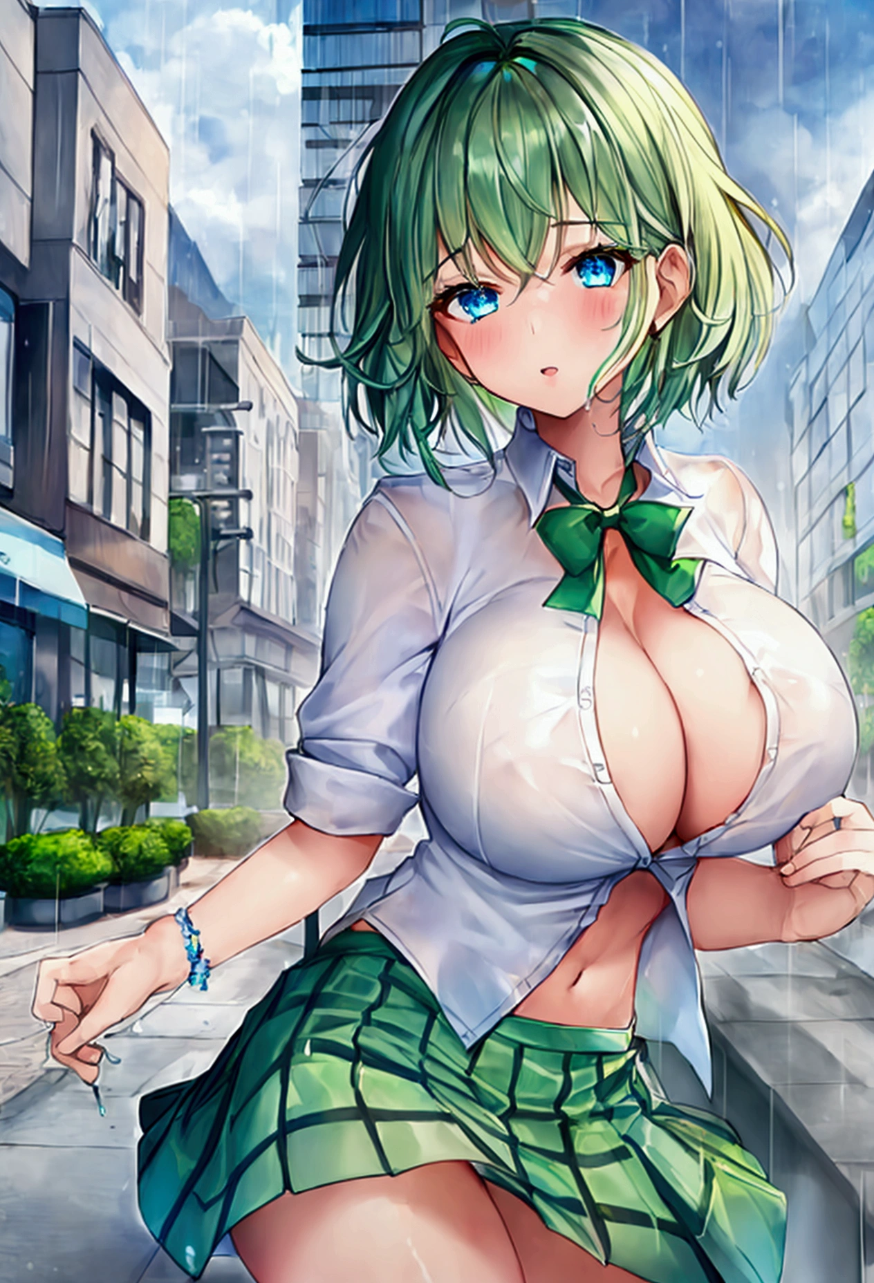 1 girl, by rubio, short hair, blue eyes, White shirt, green tie, green skirt, city, rain, detailed background nsfw big tits 