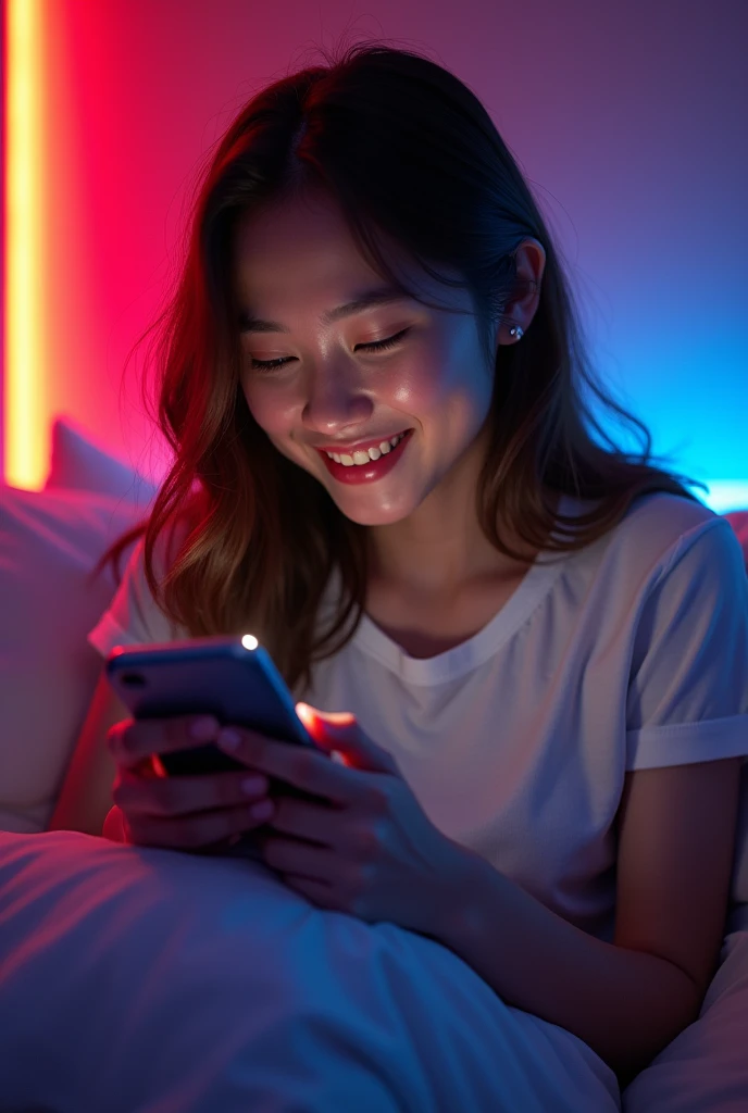 An adult girl playing with her cell phone horizontally where her room has red and blue led lights. 
The girl is smiling 