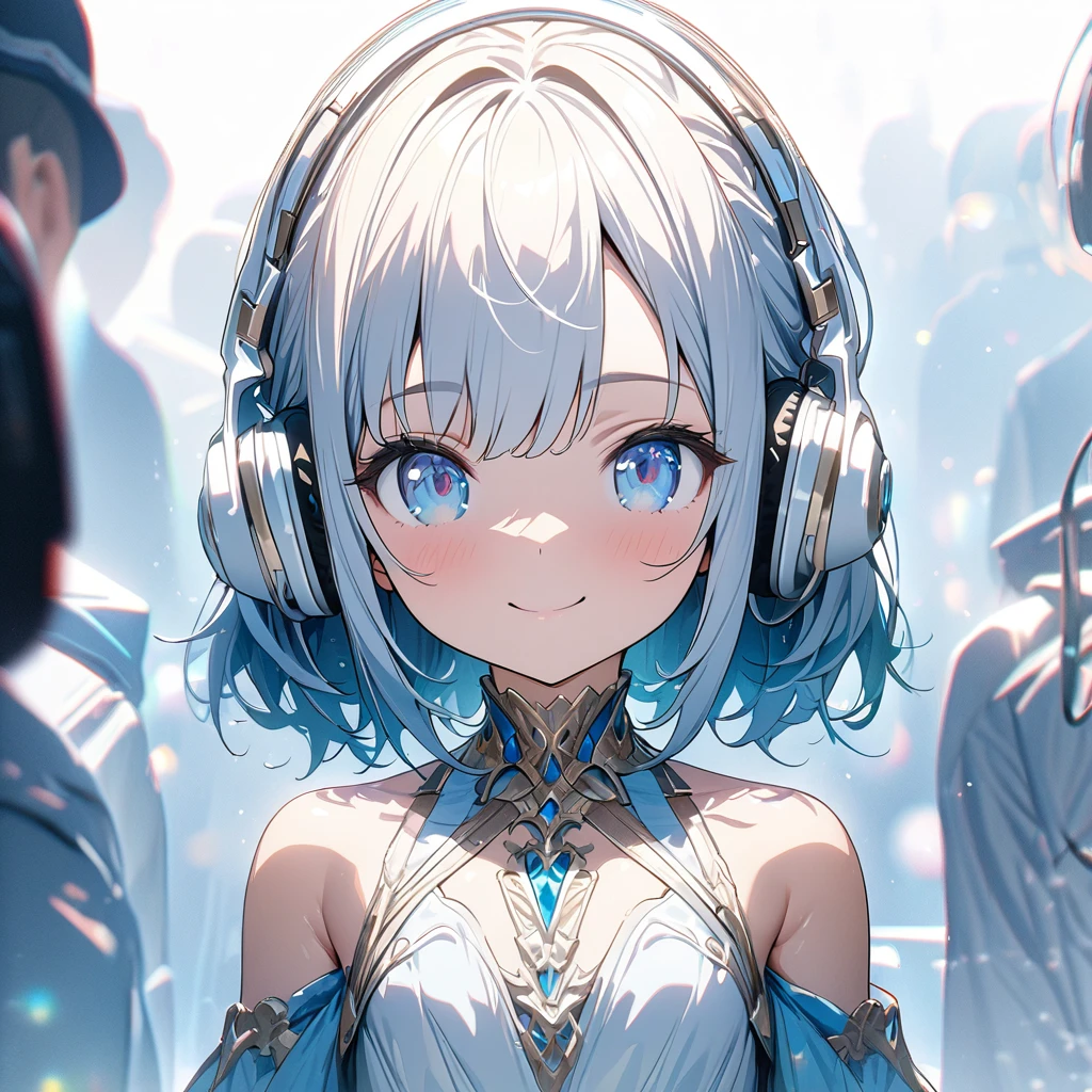 eautiful blue eyes,.、smile、gentle smile on her face、flat chest, one Beautiful girl,((masterpiece, illustration, best quality) ((ultra-detailed))/solid white background, while wearing wireless white headphones, full upper body, ),濃い青とBeautiful Blueのグラデーション, High resolution, 8K HD detail, hyper-detail, cinematic, surrealism, soft light, deep field focus bokeh, ray tracing and surrealism. --v6,