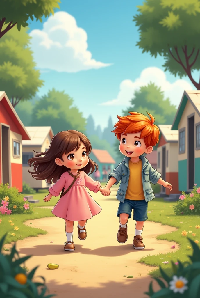 A  with brown hair dressed in pink clothes and a red-haired boy holding hands walking through a neighborhood of campers 