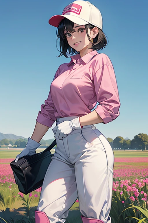 A muscular, short-haired mature woman with black hair and a baseball cap wearing blue long-sleeved work clothes and a large pair of pink rubber gloves and white rubber boots is working in the fields while smiling.