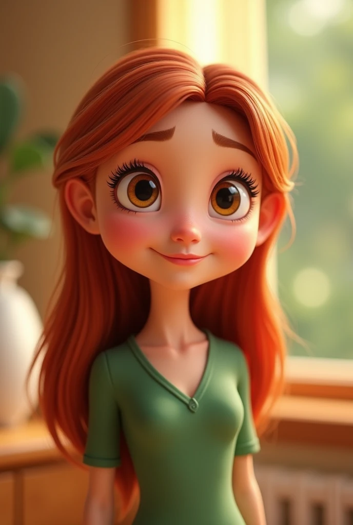create a cute 3D avatar, disney pixar style, from a holistic therapist, adult, wearing green dress, with long straight red hair, mouth with a pout and full lips, sweet look and big eyelashes, expressive light brown eyes, short, is white