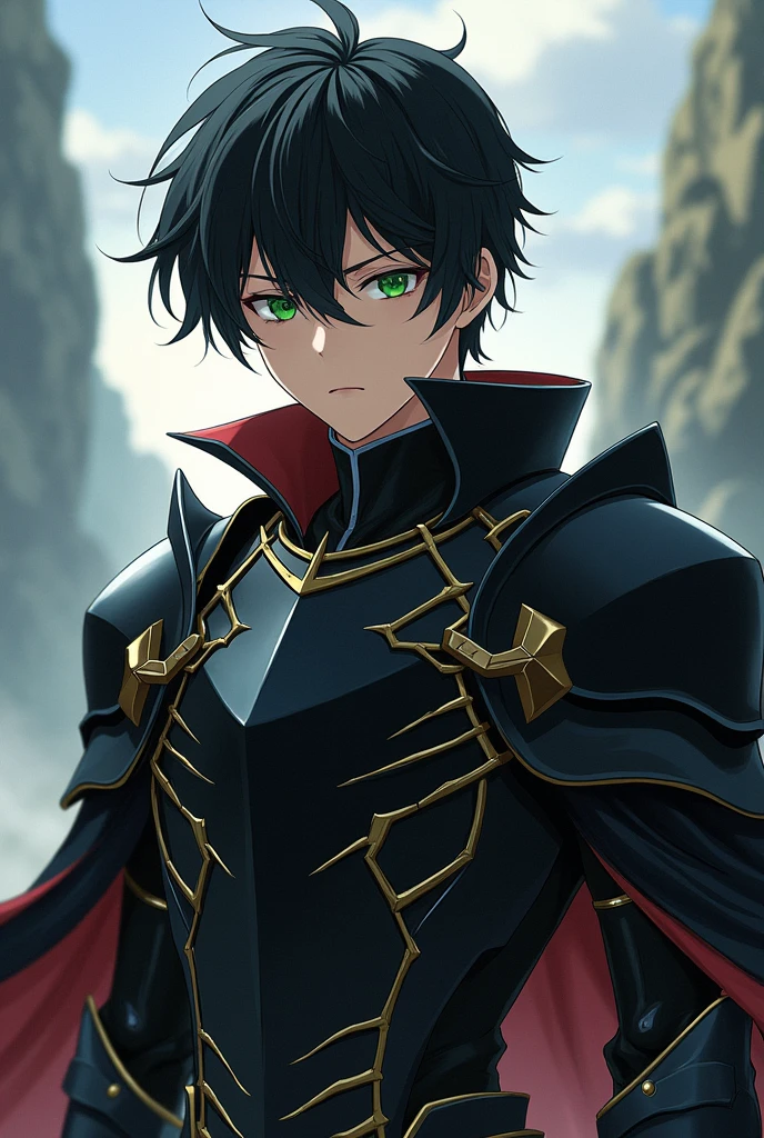 a 17 year old young man, アニメ, wearing knight armor, black hair and green eyes.