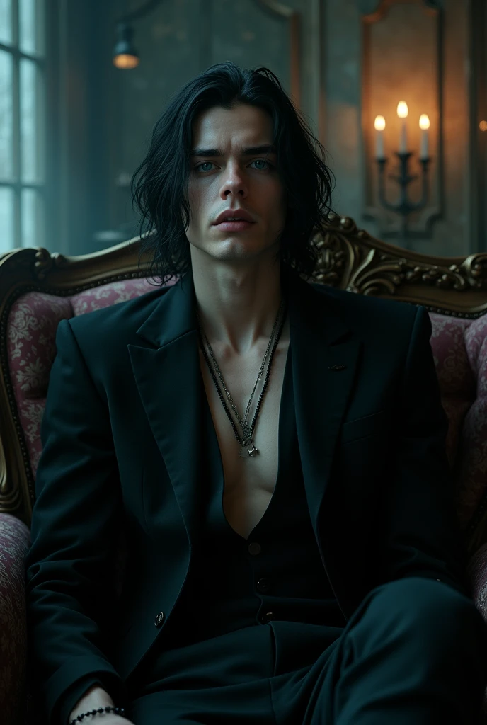 A sexy male with delicate facial features, black long hair, and teal blue eyes with all-black gothic clothes. He is sitting on a sofa and moaning.