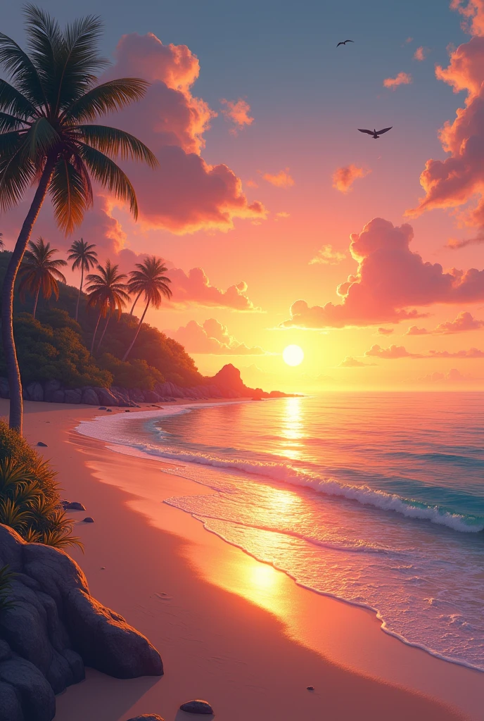 Create an image of the beach with the sea in the evening with very warm colors with a drawing without the person 