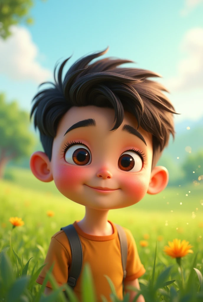 The image features an animated boy close-up. and stylized, It is surrounded by a field.