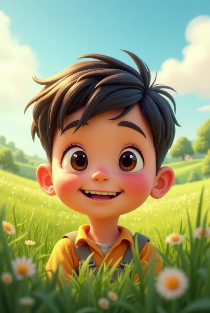 The image features an animated boy close-up. and stylized, It is surrounded by a field.