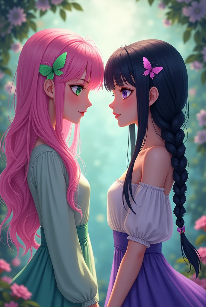 A girl with pink hair with green highlights, green eyes and tall with another girl with black hair with purple highlights and purple eyes,a little shorter than the other girl, one with three braids and another with a tail with a butterfly clip 