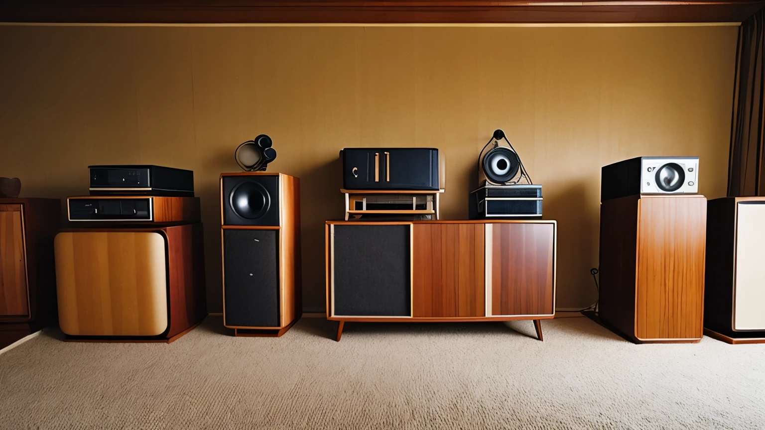 "A retro 1970s listening room filled with vintage sound equipment, including large wooden speakers, classic amplifiers, a turntable, and an equalizer, all set against a warm, nostalgic backdrop."