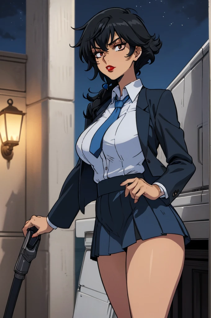 best quality, ultra-detailed, best illustration, masterpiece, high res (1girl:1.3), (large breast:1.5), closed mouth, (21 years old), ((1girl)), ((((solo))), (((alone))), (((genderbend))), (((female))), wide hips, thick thighs, narrow waist, ((blue office suit)), ((blue short skirt)), ((blue tie)), ((blue jacket)), ((white shirt)), ((in a beautiful mansion)), ((anime artstyle)), long eyelashes, ((long black hair)), (((at night))), (red lipstick), (black eyeshadow), (in the dark)