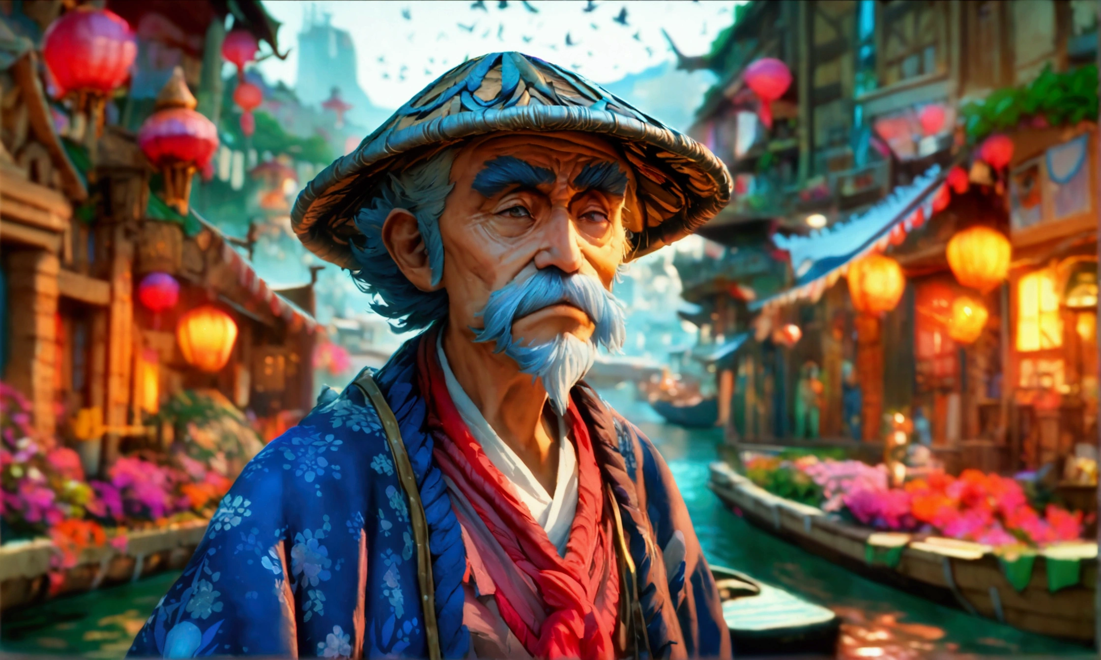 Small old man, merchant outfit, grumpy look, harbor scenery, "Intricate anime character design inspired by One Piece, stunning lighting, stunning focus, stunning face, creative details, ultra-fine 2D design, scenery bathed in creativity, boasting 2D anime resolution clarity, 4K, high resolution, incredible resolution, high-octane rendering"