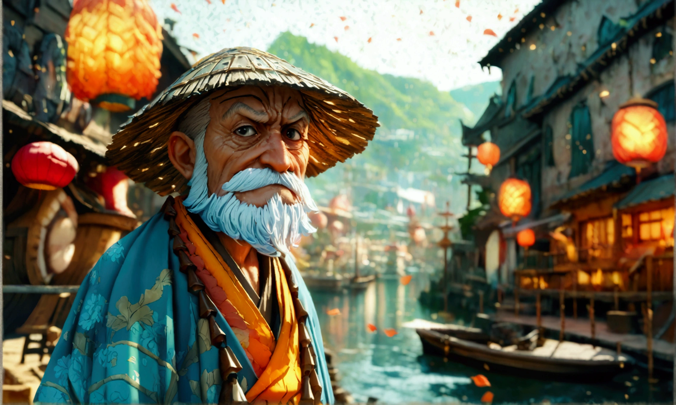 Small old man, merchant outfit, grumpy look, harbor scenery, "Intricate anime character design inspired by One Piece, stunning lighting, stunning focus, stunning face, creative details, ultra-fine 2D design, scenery bathed in creativity, boasting 2D anime resolution clarity, 4K, high resolution, incredible resolution, high-octane rendering"