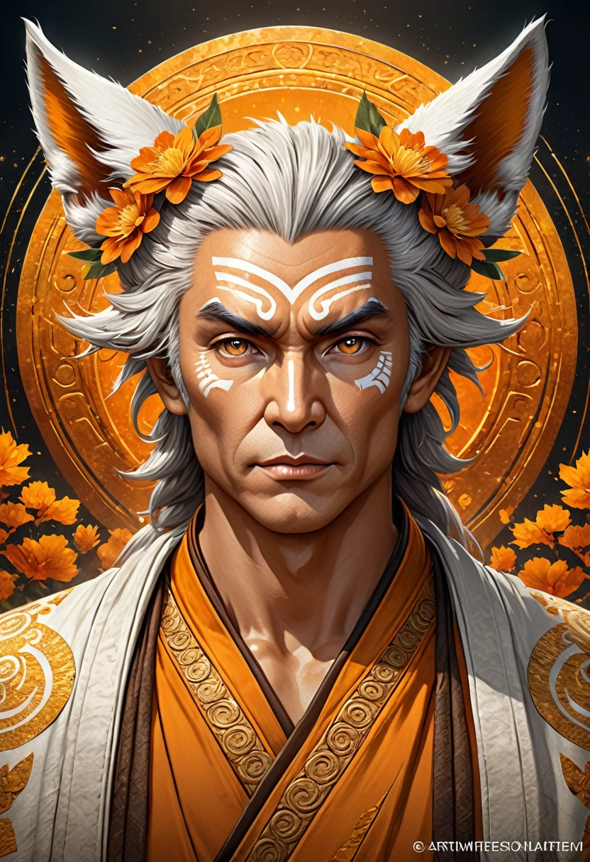 Anthropomorphic masculine kitsune-satyr . Old, wrinkled ancient, wise face. long detailed fingers. Official Art – An Award-Winning Digital Masterpiece In 4K Ultra HD, Extreme Detail And Intricate Realism. Symmetrical Face. This Concept Art Brought To Life By The Hands Of Artists Like Wlop & Artgerm In A Stunning 2D Vector Illustration. Background Is A Panoramic Vista.