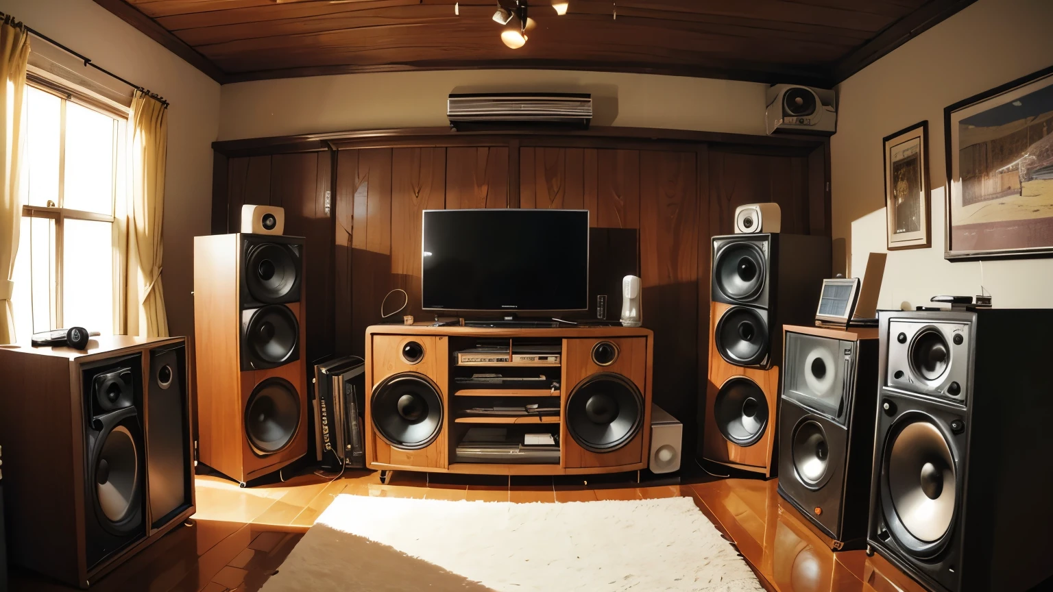 "A retro 1970s listening room filled with vintage sound equipment, including large wooden speakers, classic amplifiers, a turntable, and an equalizer, all set against a warm, nostalgic backdrop."