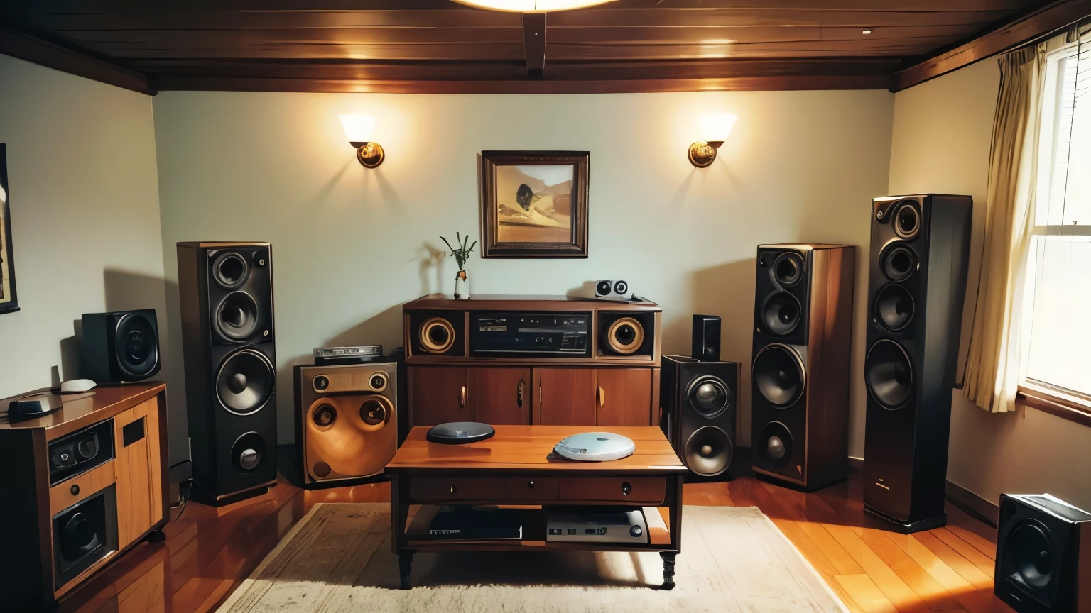 "A retro 1970s listening room filled with vintage sound equipment, including large wooden speakers, classic amplifiers, a turntable, and an equalizer, all set against a warm, nostalgic backdrop."