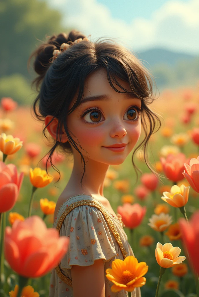 The image features an animated girl close-up.  and stylized, a dress . It is surrounded by a field of flowers.