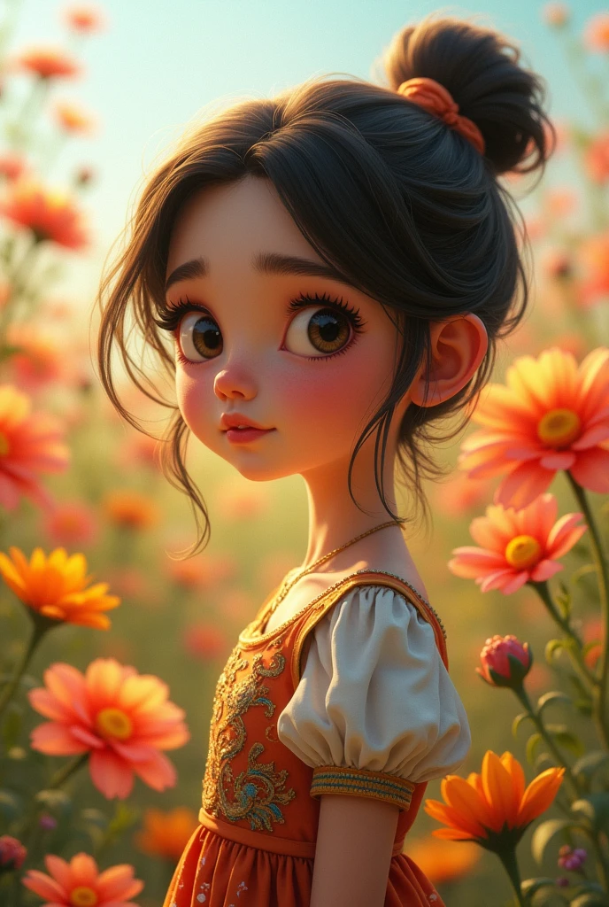 The image features an animated girl close-up. and stylized, a dress . It is surrounded by a field of flowers.