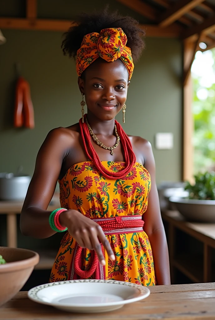 Generate an African Nigerian girl age 18 dressed in vibrant traditional attire. She might be wearing a brightly colored ankara cloth a piece tied to her chest and another piece tied to her waist. Her waist should be adorned with red bold Nigeria beads. She might also have traditional accessories like earrings, bracelets, and a headwrap that complements her clothing. The setting should be an outdoors kitchen with natural light, highlighting the vivid colors and textures of her attire. She is pointing at an empty ceramic plate. 