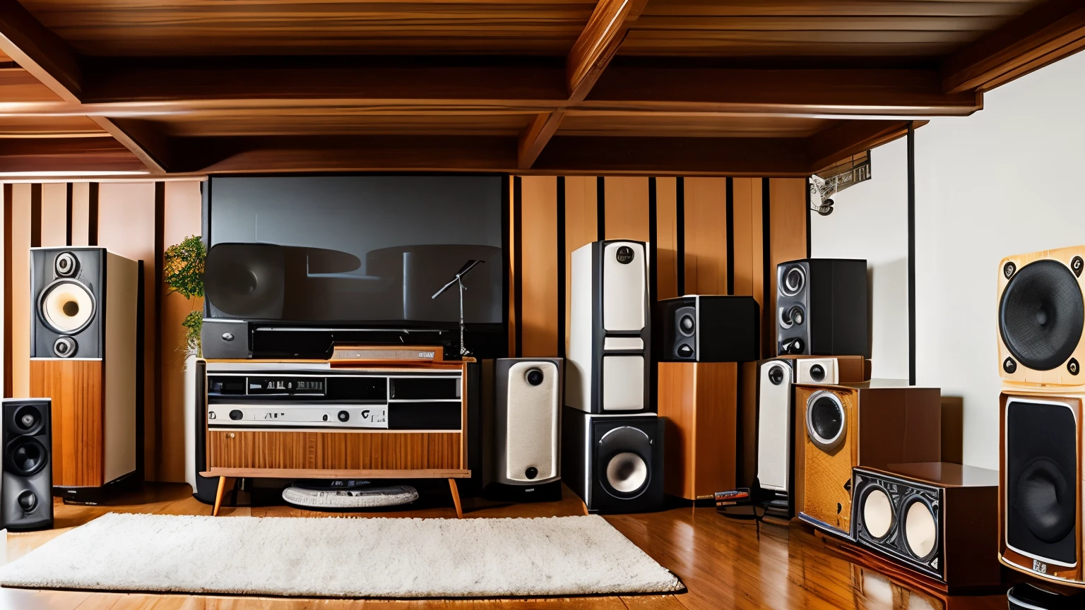 "Inside a retro 70s music room, highlighting large vintage speakers, an iconic turntable, amplifiers, and a mixing table, all arranged to evoke the timeless sound and style of the era."