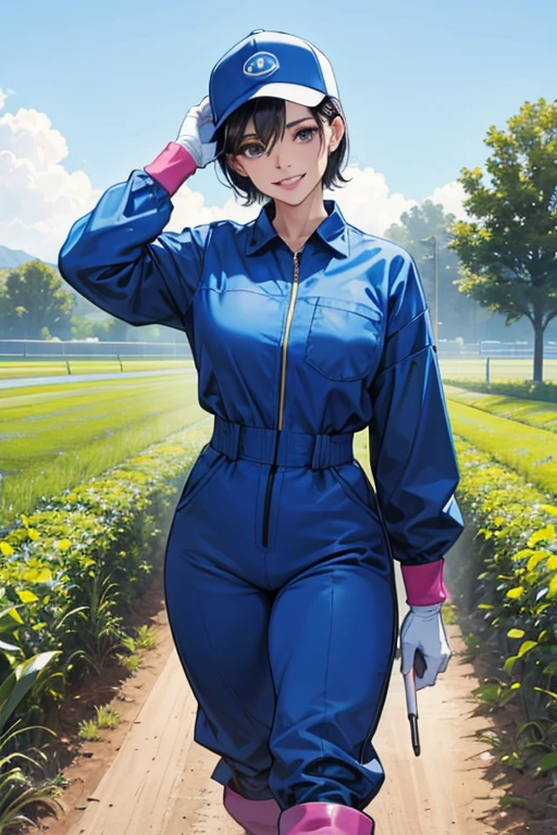 A muscular, short-haired mature woman with black hair, wearing a blue long-sleeved jumpsuit and a baseball cap, working in the fields while wearing large pink rubber gloves and white rubber boots and smiling　