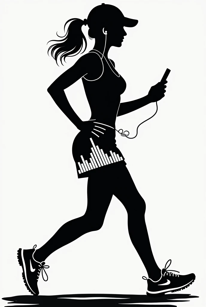 Silhouette Art。PAPERCUT。Solid black。No background。Woman running alone。Holding your phone in your hand。White earphones in ears。A wire is connected to the smartphone in your hand。Wearing large shorts with a white equalizer pattern。Small breasts。Cutting board breast。A Cup。Right facing。Model body type。White equalizer pattern running shoes。Put on a cap。