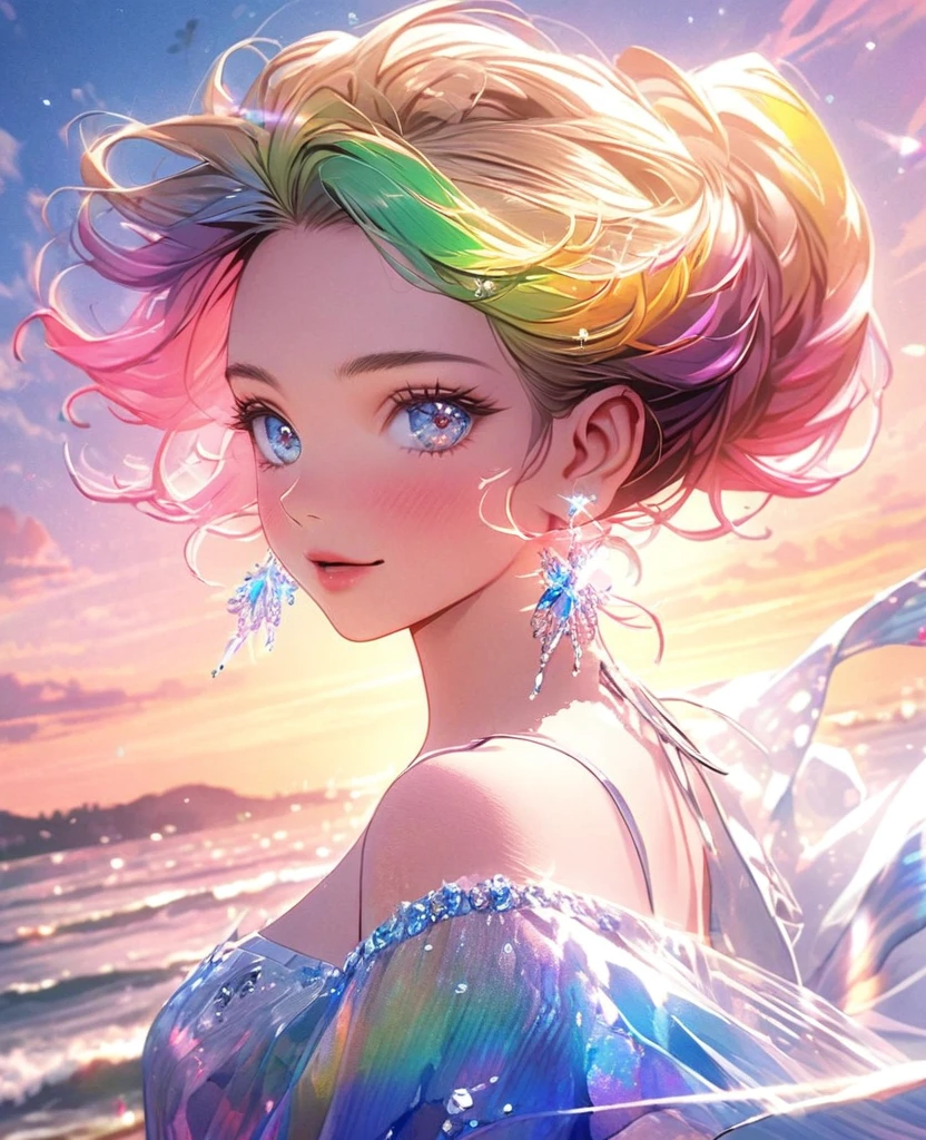 8k,Gal,Very delicate and beautiful,Beautiful and realistic skin,Sparkling jewel earrings,Long and colorful hair,Beautiful Eyes,good,Beautiful sunset