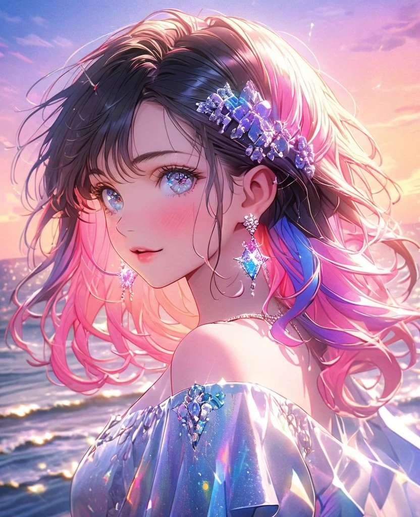 8k,Gal，Very delicate and beautiful,Beautiful and realistic skin,Sparkling jewel earrings,Long and colorful hair,Beautiful Eyes,good,Beautiful sunset
