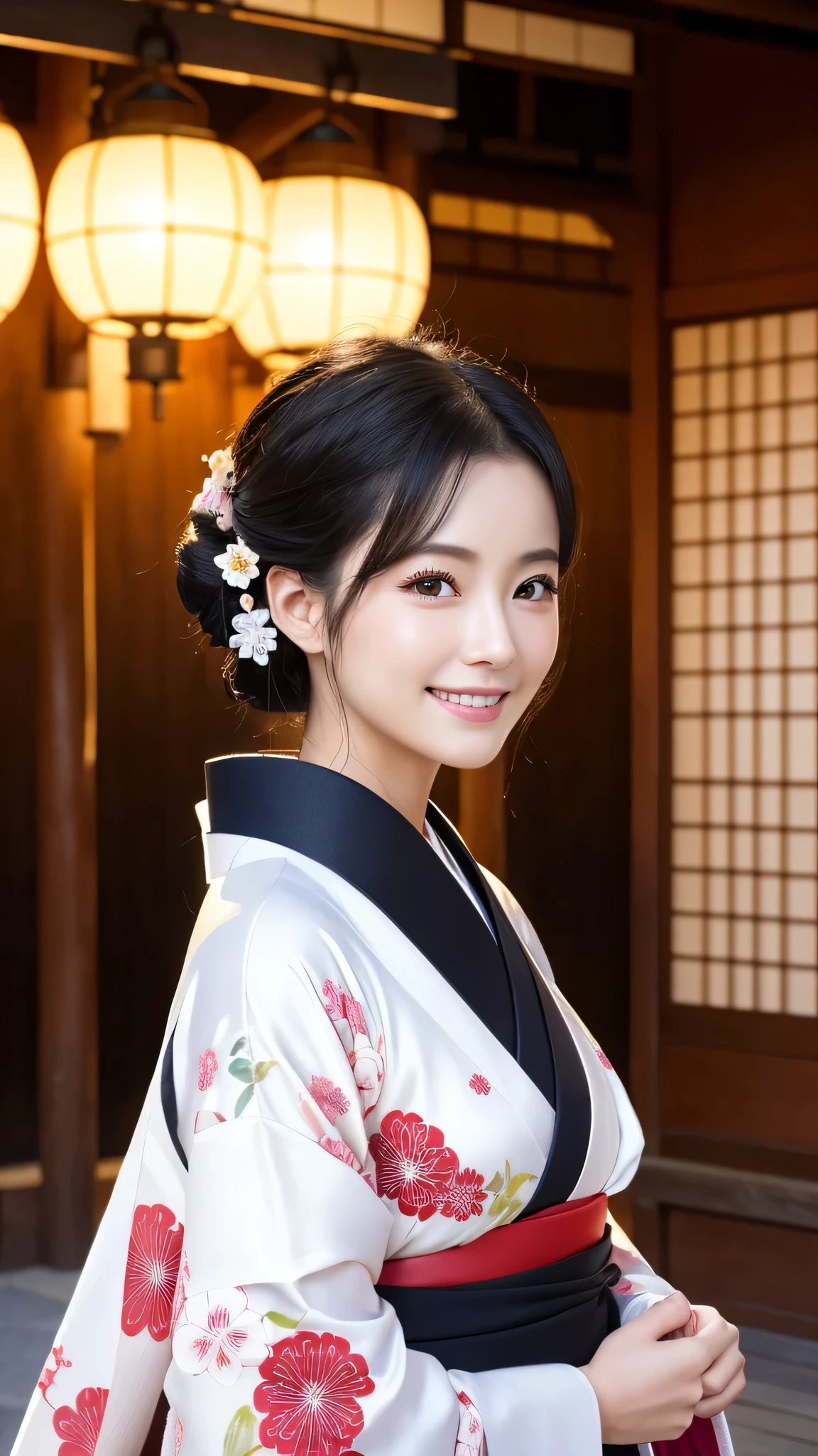 (Super beautiful woman in kimono)、((highest quality、8K masterpiece:1.3))、sharp focus:1.2、(super beautiful face:1.0)、(shiny skin:1.0)、realistic pictures、black hair、video lighting、High resolution eyes and face、video lighting、japanese actress、from the front、with a happy smile、whole body、wearing a kimono、in Kyoto、(luxury obi)、with a fan、Fireworks Display