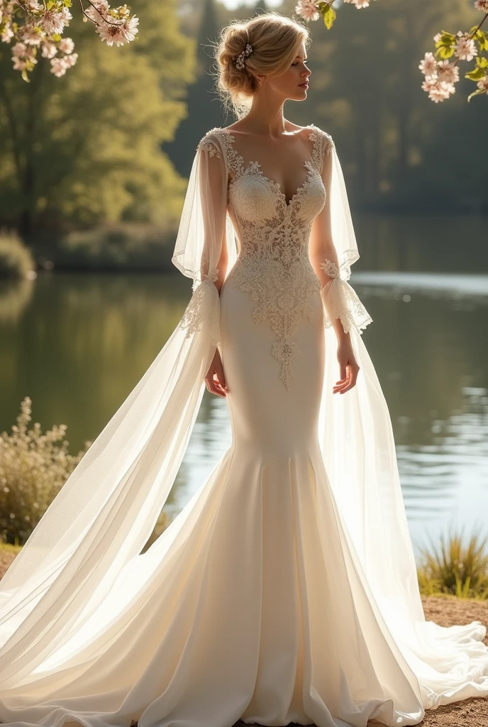 Wedding dress with mermaid train and sleeves, no cleavage 
