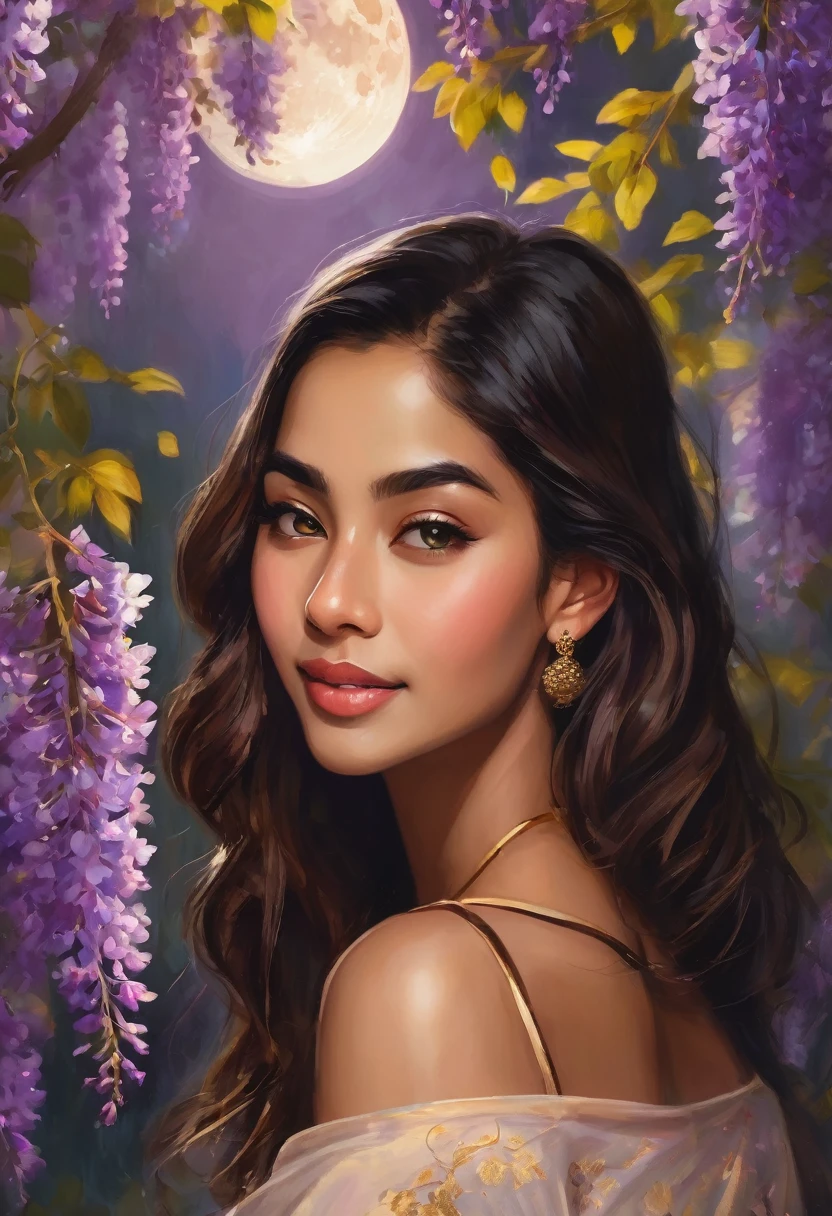 An Lovely Indian kid, of Asian mixed white ethnicity, in a Spring garden, wisteria vines,  A warm and soft moon night image, Spring time, golden lighting, where which shows through in her honey brown skin tone, in her mid-20's, with a slim, athletic body build, heart-shaped face, adorned with dark brown peppered with blonde highlights, shoulder-length hair and subtle, warm undertones to her smooth, almond-colored skin, her eyebrows gently furrowed, and her full lips curled up into a gentle, reassuring smile.