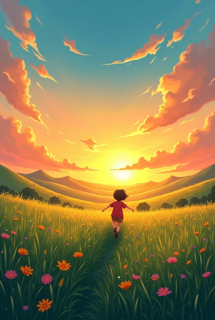 Animated sky with a sunset and a  playing in the field background 