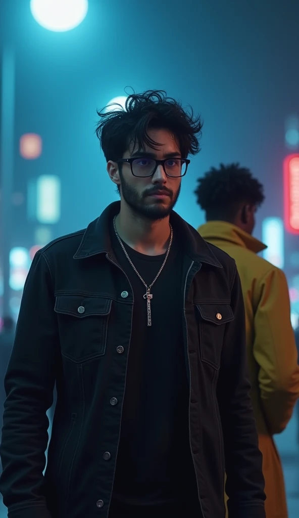 (realistic) 1 white adult male with black eyes and bright dark purple irises, broad shoulders, messy black hair parted in the middle and a short beard. Serious expression. Wearing an open black denim jacket, a black shirt underneath, regular prescription glasses with black frames and a silver chain around his neck. Walking in a futuristic city at night with heavy fog and blue moonlight. Along with 1 young man dark black skin with bright yellow irises, broad shoulders, round black hair with curls. Wearing a dark yellow sports coat. Backwards looking back.