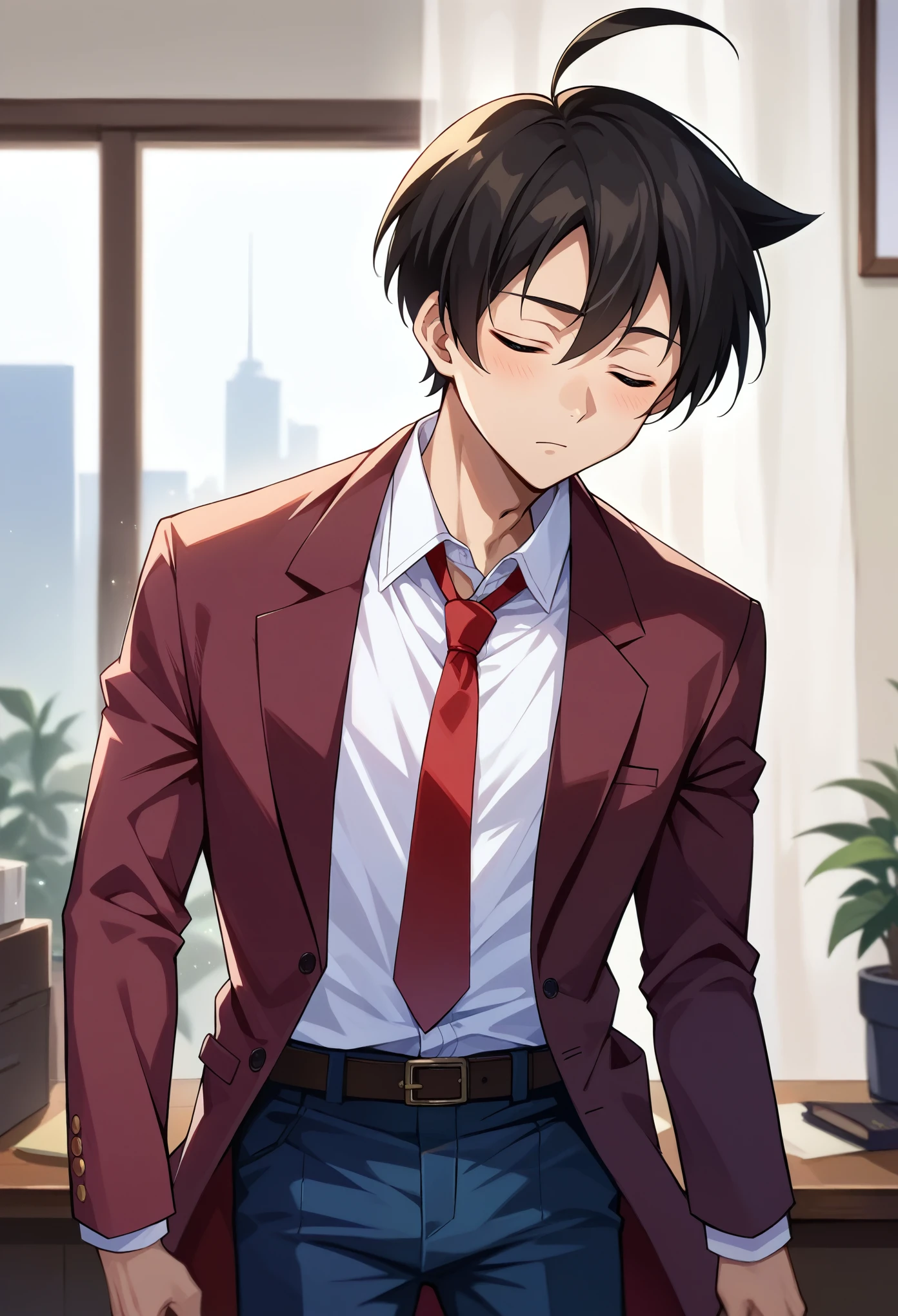 score_9, score_8_up, score_7_up, 1boy, solo, male focus, sakuTomo, black hair, short hair, ahoge, maroon blazer, unbuttoned blazer, long sleeves, red necktie, white shirt, dark blue pants, standing, inexpressive, ((light aura)), light around, blinding light, closed eyes, bedroom