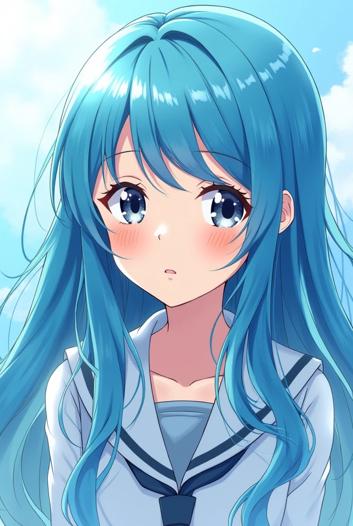 Long blue haired teenager amine